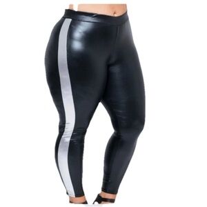Curvy Sense Women's Metallic Faux Leather Leggings w/ silver stripe Plus size 3x